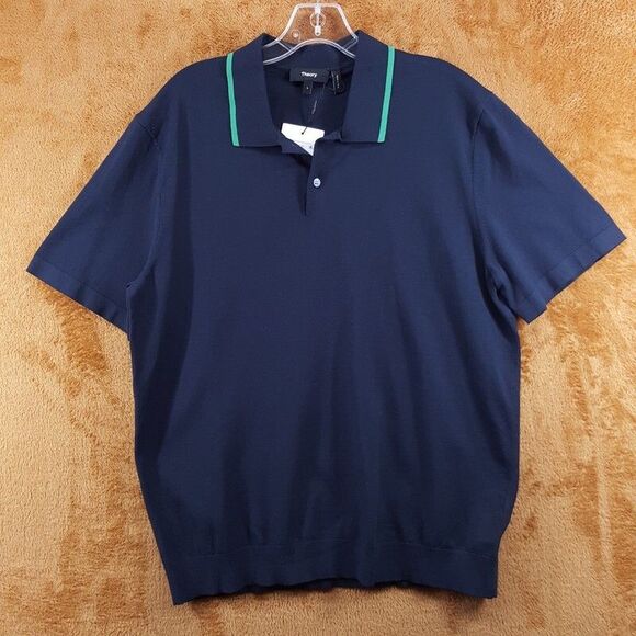 THEORY Polo Shirt Mens Large Navy Short Sleeve Green Trim GORIS - Picture 2 of 9